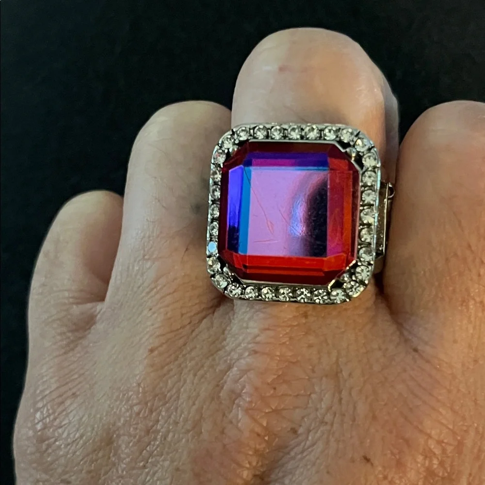Statement Pink Square Crystal Ring with Clear Halo
